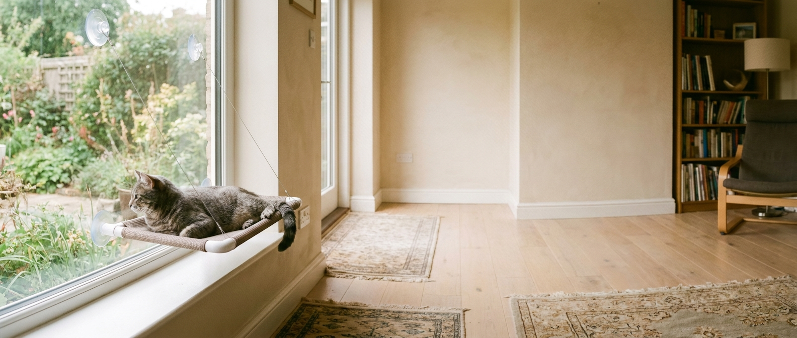 A tabby cat resting on a suction-cup window hammock perch