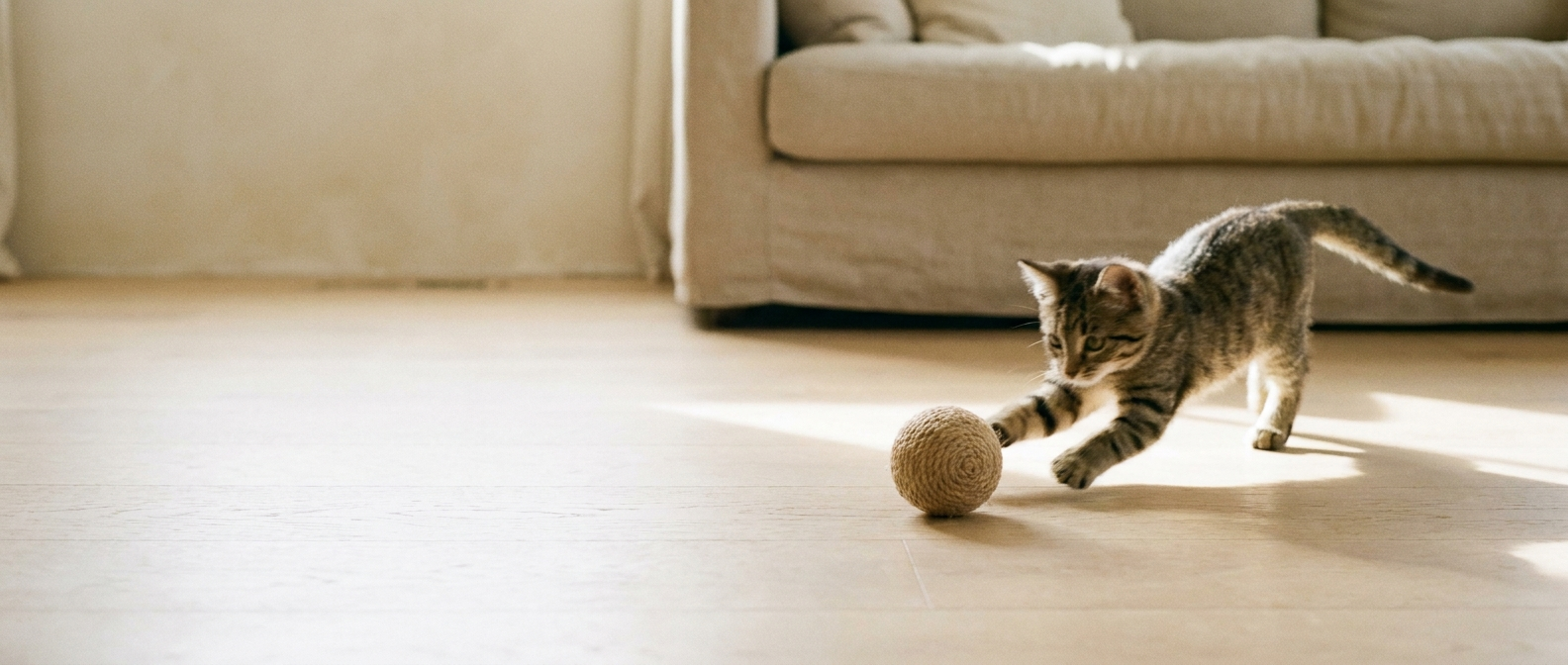 A tabby kitten chasing a sisal rope ball across a sunlit floor
