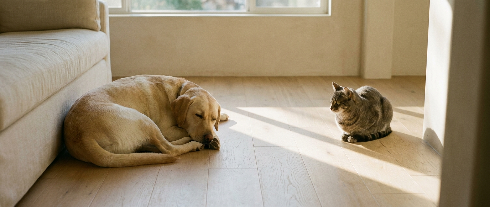 A Labrador and a tabby cat resting together in a sunlit living room