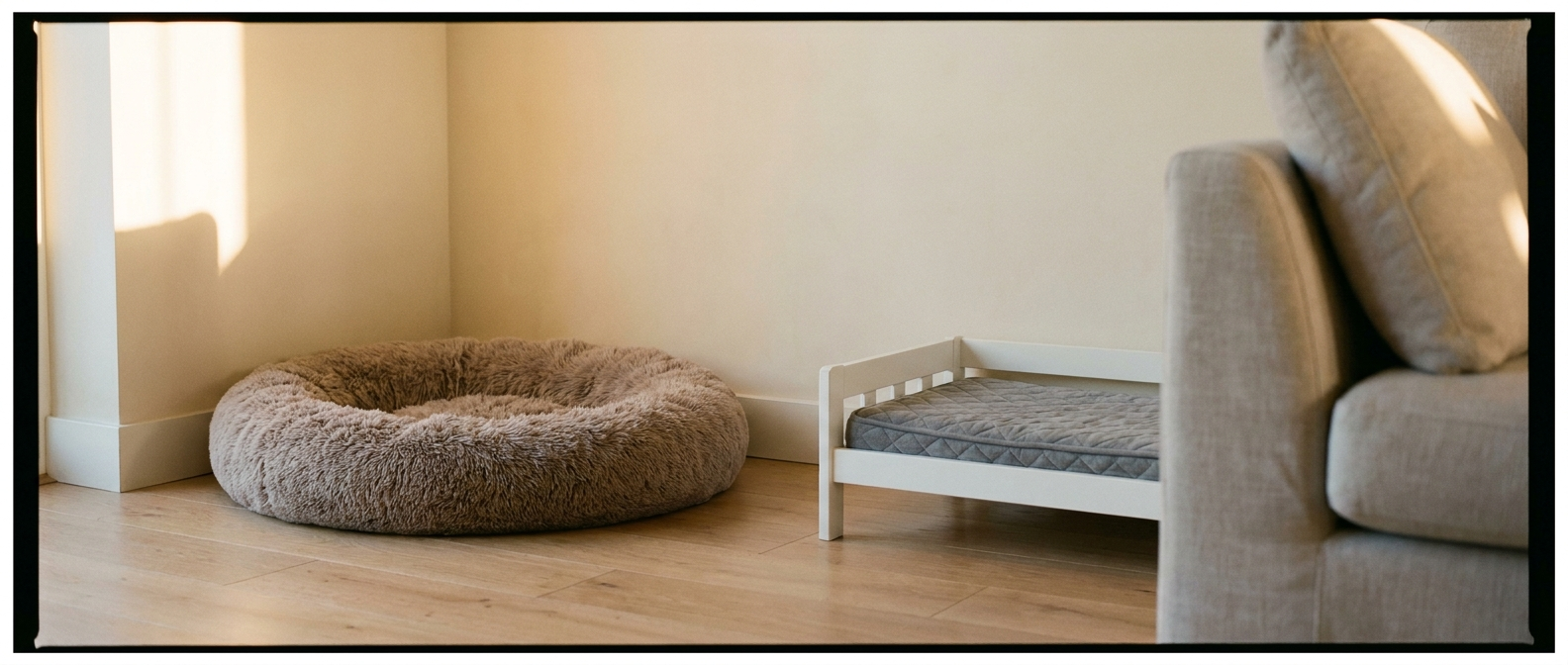 A taupe faux-fur donut dog bed and a white wooden elevated pet bed in a clean, sunlit living room