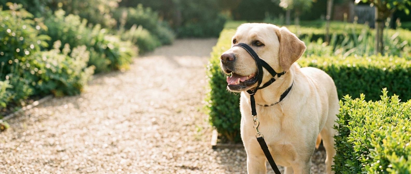 A happy yellow Labrador on a sunny garden path wearing a black no-pull head collar