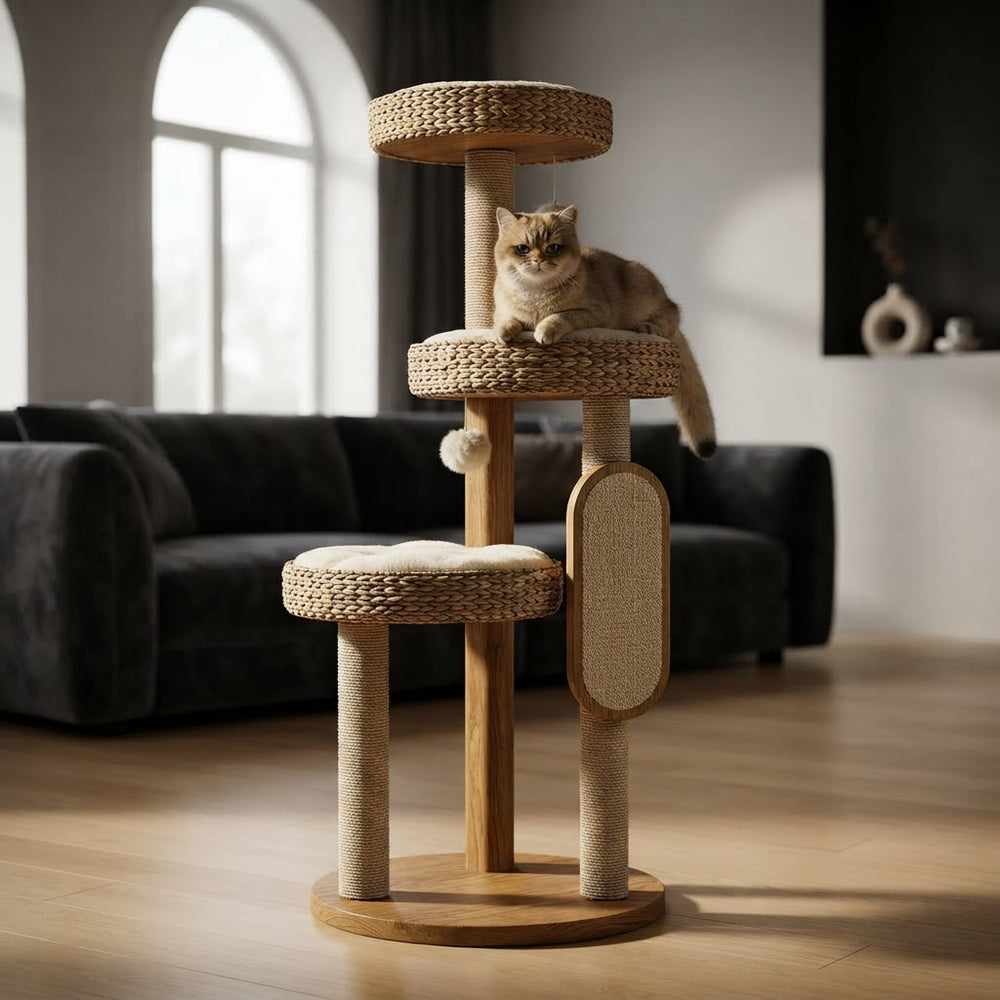 Modern Wooden Cat Tree Tower with Cozy Cat Bed & Sisal Scratching Post