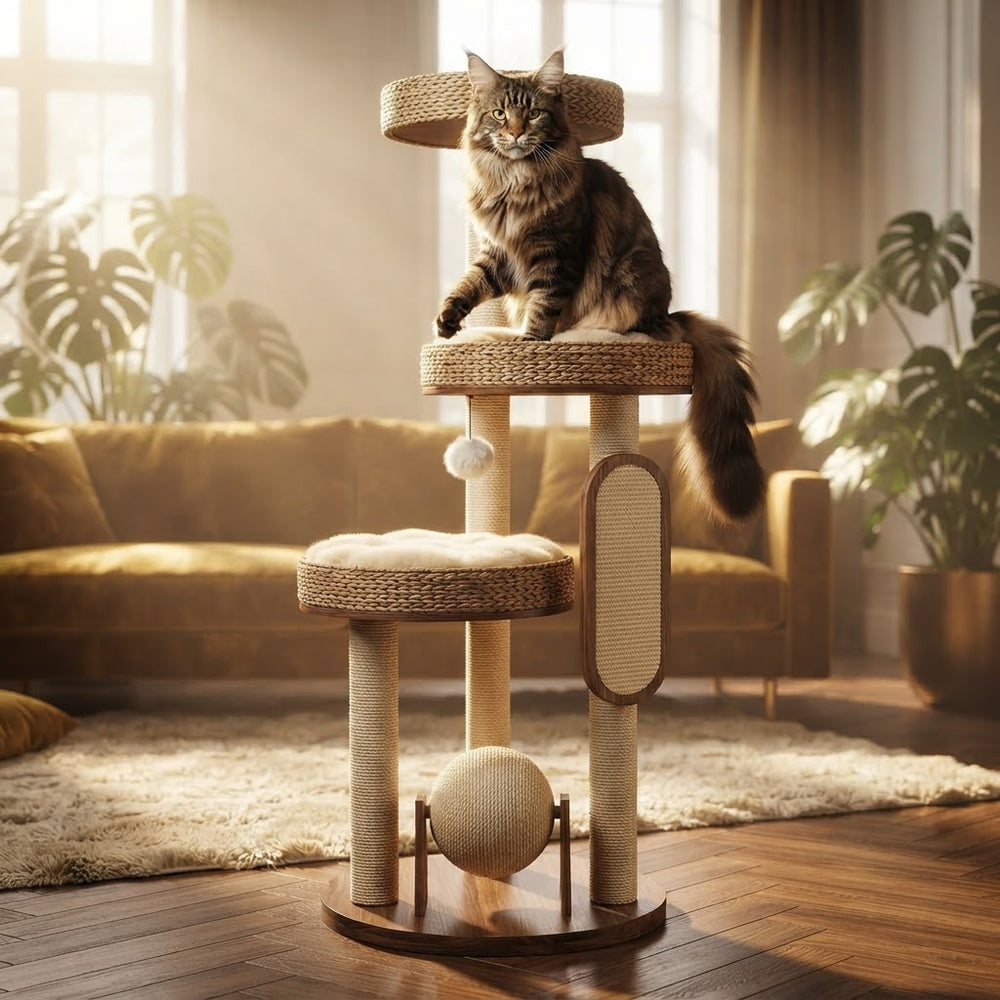 Modern Wooden Cat Tree Tower with Cozy Cat Bed & Sisal Scratching Post