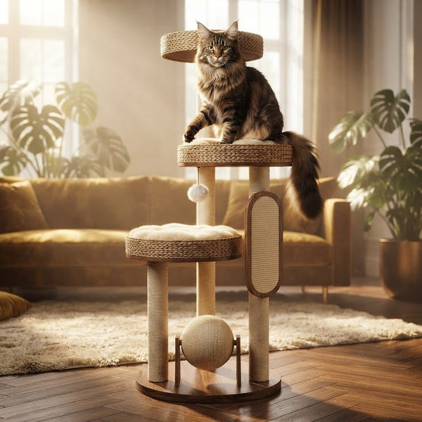 Modern Wooden Cat Tree Tower with Cozy Cat Bed & Sisal Scratching Post