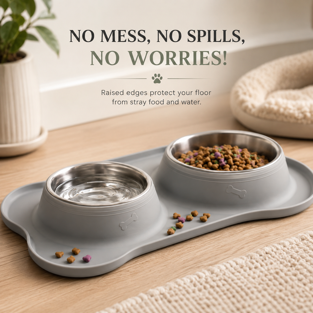 Steel Dog Bowl Set with Non-Slip Silicone Mat
