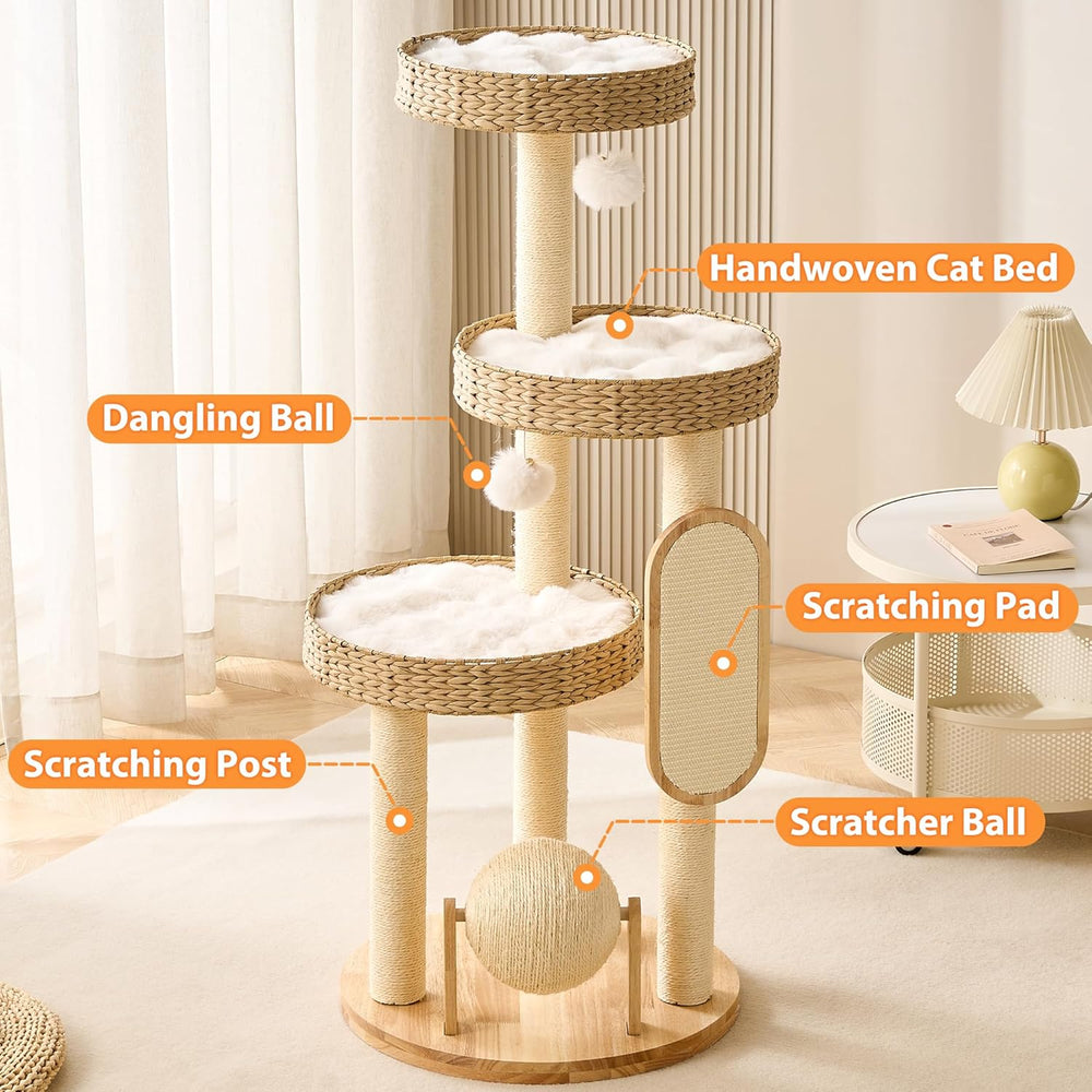 Modern Wooden Cat Tree Tower with Cozy Cat Bed & Sisal Scratching Post