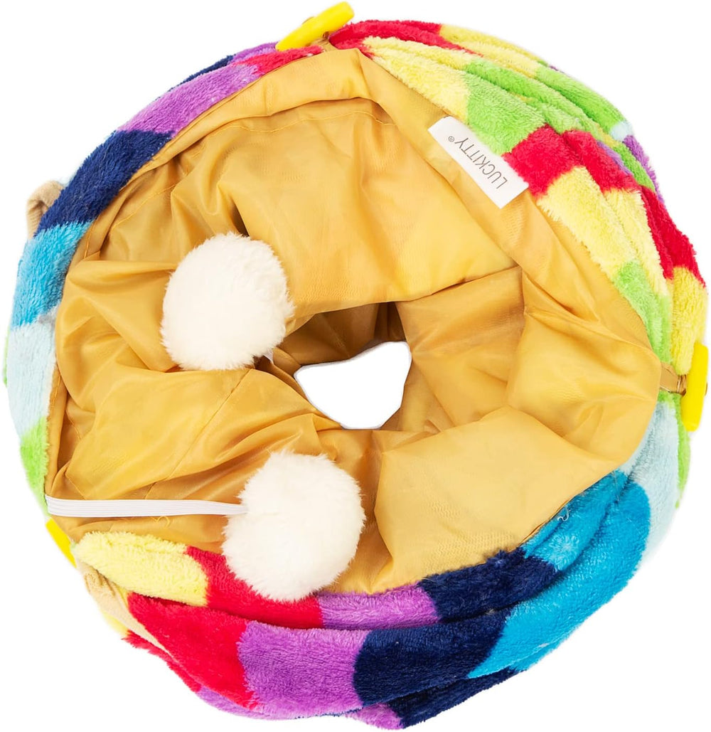 Foldable cat tunnel in soft rainbow velvet with hanging plush toy ball
