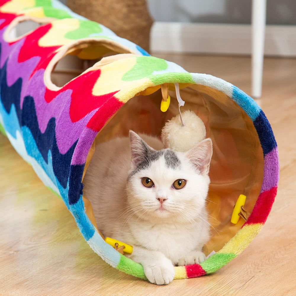 Foldable cat tunnel in soft rainbow velvet with hanging plush toy ball