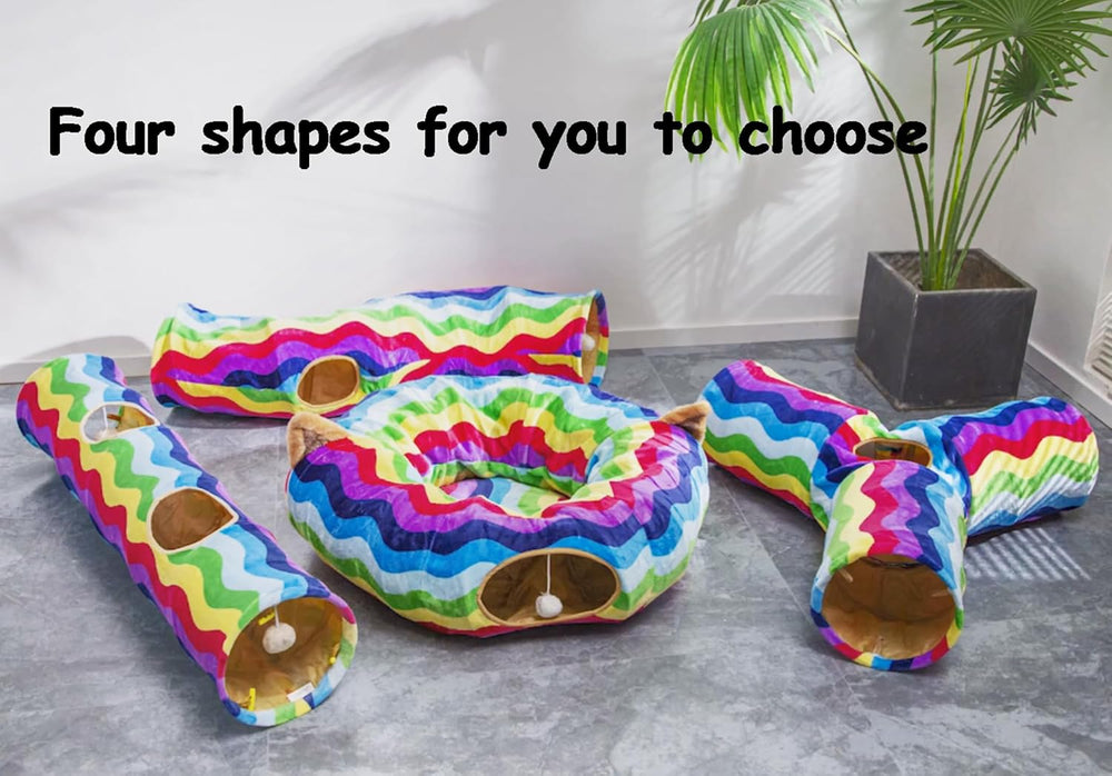 Foldable cat tunnel in soft rainbow velvet with hanging plush toy ball