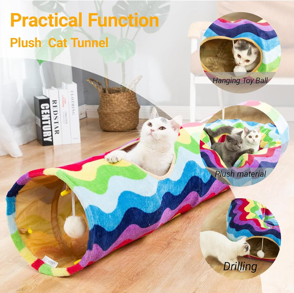 Foldable cat tunnel in soft rainbow velvet with hanging plush toy ball