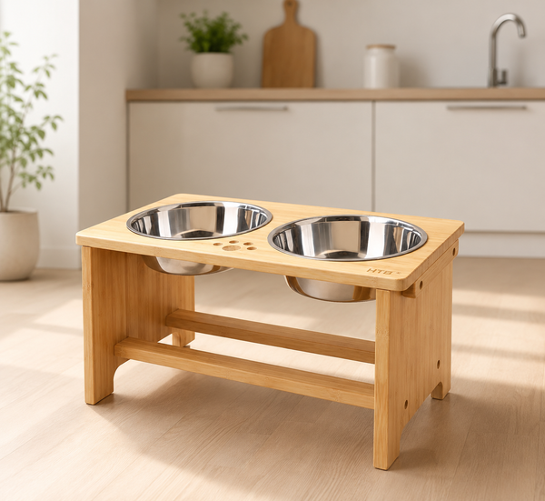 Elevated Bamboo Dog Bowl Stand with 2 Stainless Steel Bowls