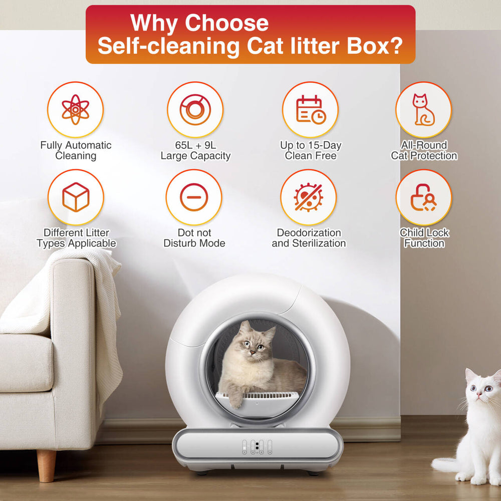 Smart self-cleaning cat litter box with automatic scooping and app control