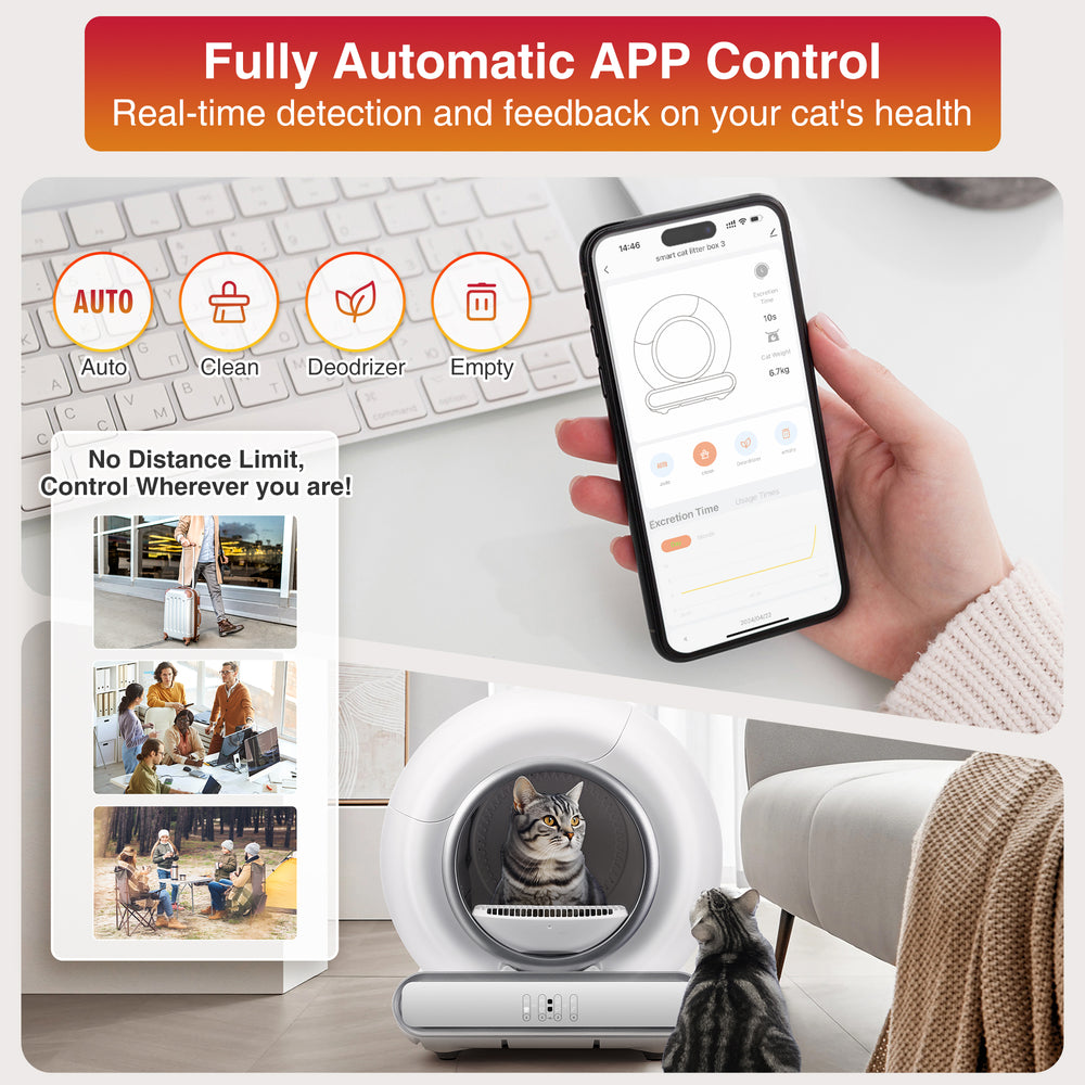 Smart self-cleaning cat litter box with automatic scooping and app control