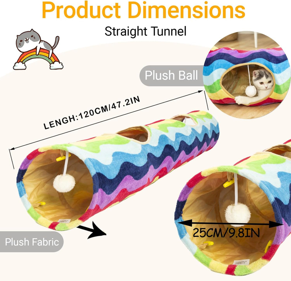 Foldable cat tunnel in soft rainbow velvet with hanging plush toy ball
