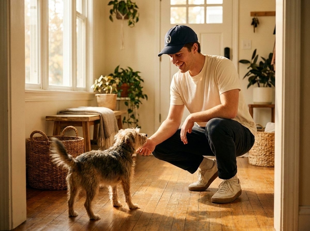 A friendly member of the Oakmere Paws team in a branded cap greeting a dog at home
