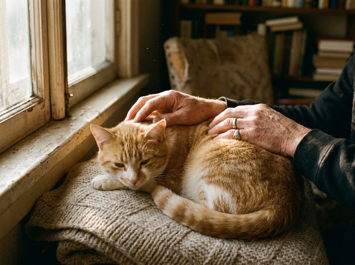 Hands gently brushing a content cat by a sunlit window