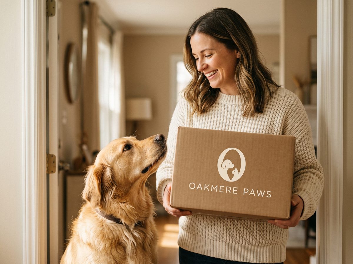 An Oakmere Paws order arriving at the door, greeted by a happy dog