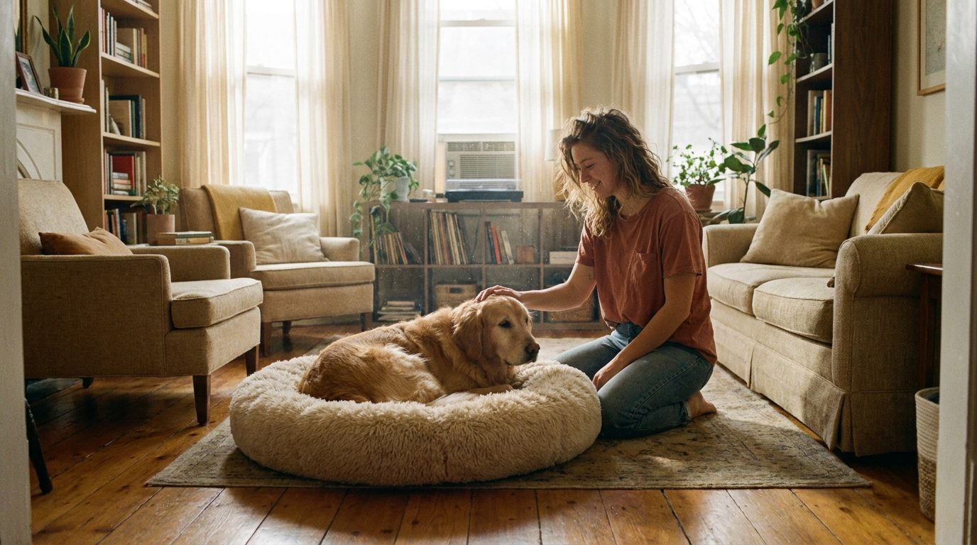An Oakmere Paws customer relaxing at home with her golden retriever resting in a plush dog bed