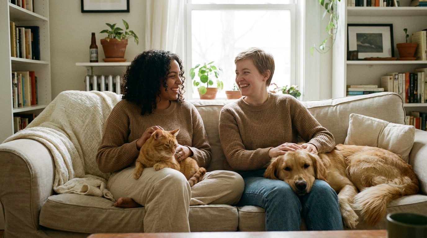 Two Oakmere Paws pet owners at home with a cat and a dog